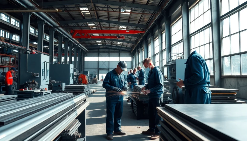 Workers engaged in precise tasks at a steel fabrication shop with advanced machinery.