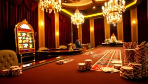 Experience the excitement of MM88COM with a vibrant casino scene showcasing roulette, slot machines, and poker chips.