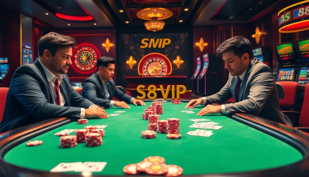 Engaging in high-stakes poker at an S88 VIP casino table, showcasing colorful chips and luxurious atmosphere.