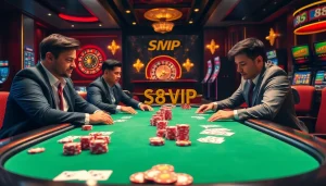 Engaging in high-stakes poker at an S88 VIP casino table, showcasing colorful chips and luxurious atmosphere.