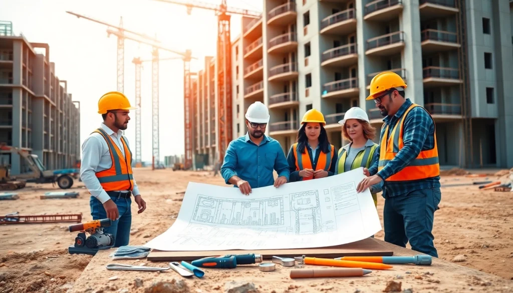 Builders collaborating on plans for the Texas association of builders amid a lively construction site.