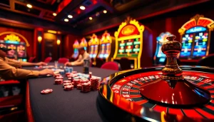 The vibrant experience of the 888b link showcased at a high-stakes poker table with luxurious casino elements.