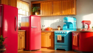A vibrant display of retro appliances, including a red fridge and blue stove, in a cheerful kitchen.
