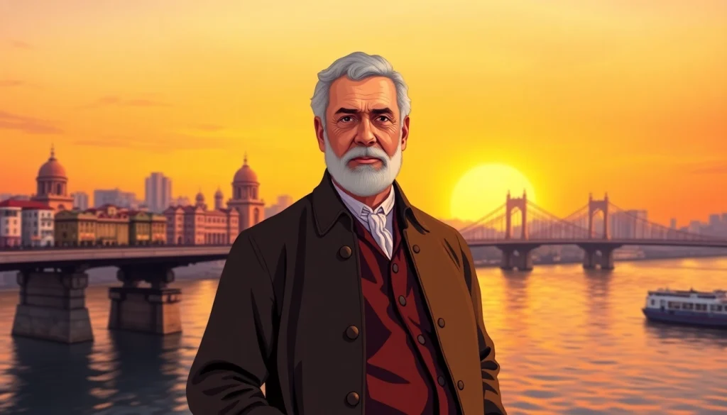 Illustration of Job Charnock by the Howrah Bridge, representing founder kolkata