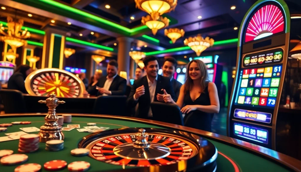 Engaging players at the 123b online casino with vibrant tables, roulette, and slot machines.