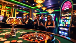 Engaging players at the 123b online casino with vibrant tables, roulette, and slot machines.