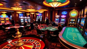 Para pemain menikmati permainan yang mendebarkan di kasino mewah dengan mesin slot obraltoto dan aksi roda roulette yang penuh warna.