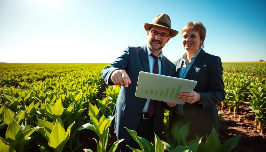 Consulting agriculture lawyer discussing legal matters with a farmer in a lush field.