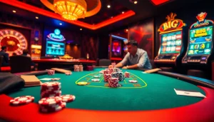 Bàn chơi W88 với người chơi đang tham gia poker, chip và bánh xe roulette.
