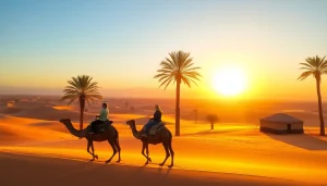 Marrakech camel ride and quad biking scene at sunset in the Agafay Desert with camels, palm trees, and a Berber tent.