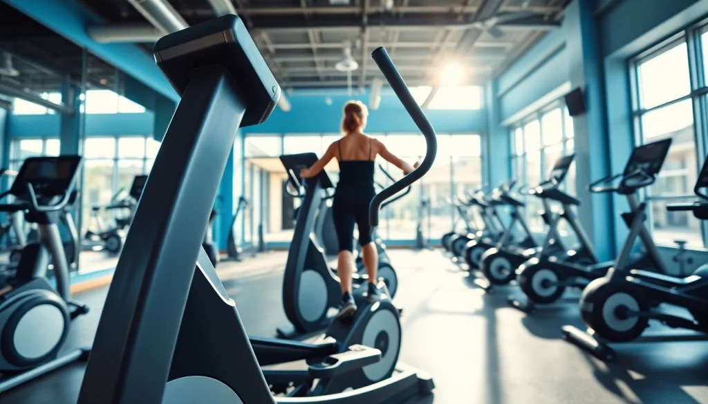 Elliptical machine manufacturer showcasing state-of-the-art workout equipment in a modern fitness studio.