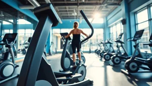 Elliptical machine manufacturer showcasing state-of-the-art workout equipment in a modern fitness studio.