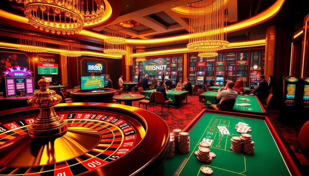 Players enjoying a thrilling gaming experience at RR88 online casino with roulette wheel and poker chips.