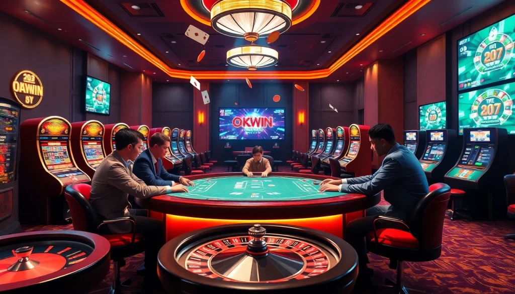 Players enjoying high-stakes poker at okwin liên minh casino with vibrant atmosphere.