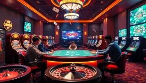 Players enjoying high-stakes poker at okwin liên minh casino with vibrant atmosphere.