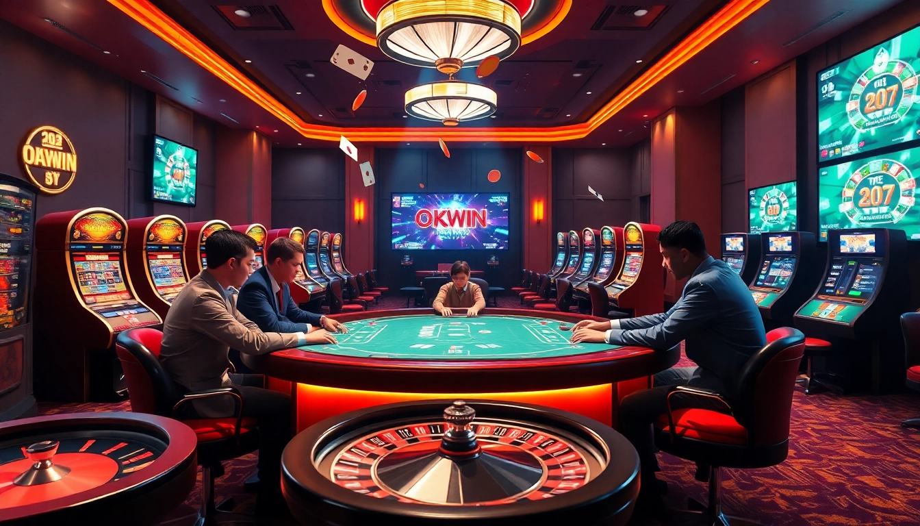 Players enjoying high-stakes poker at okwin liên minh casino with vibrant atmosphere.