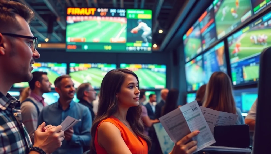 Engaged sports betting enthusiasts in a vibrant sportsbook, showcasing sports betting Oklahoma