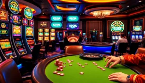 KJC ONL casino scene showcasing exciting slot machines and poker gameplay in a luxurious environment.