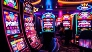 Menggambarkan petanitoto dengan mesin slot yang cerah dan mengasyikkan, menciptakan suasana permainan yang energik.