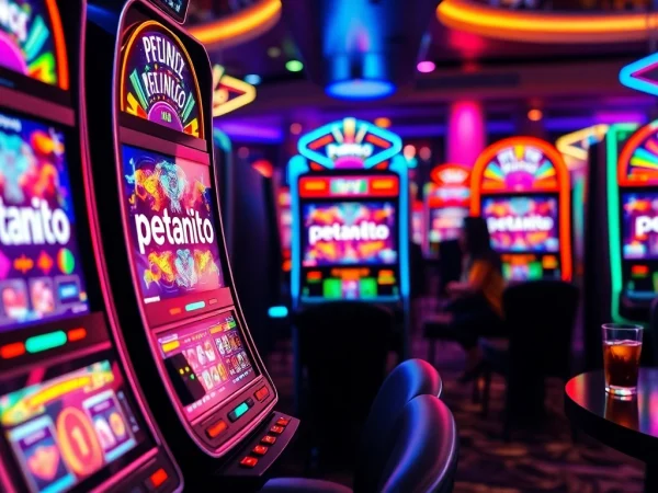 Menggambarkan petanitoto dengan mesin slot yang cerah dan mengasyikkan, menciptakan suasana permainan yang energik.