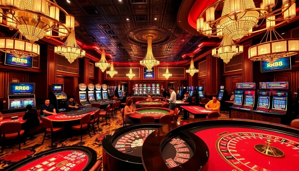 Engaging players at RR88 casino gaming tables showcasing excitement with vibrant roulette wheels and slot machines.