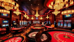 Engaging players at RR88 casino gaming tables showcasing excitement with vibrant roulette wheels and slot machines.