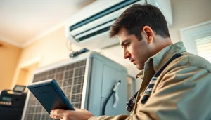 Technician performing ac repair mesa az with tools in a well-lit home environment.