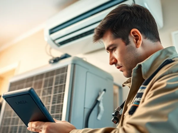 Technician performing ac repair mesa az with tools in a well-lit home environment.