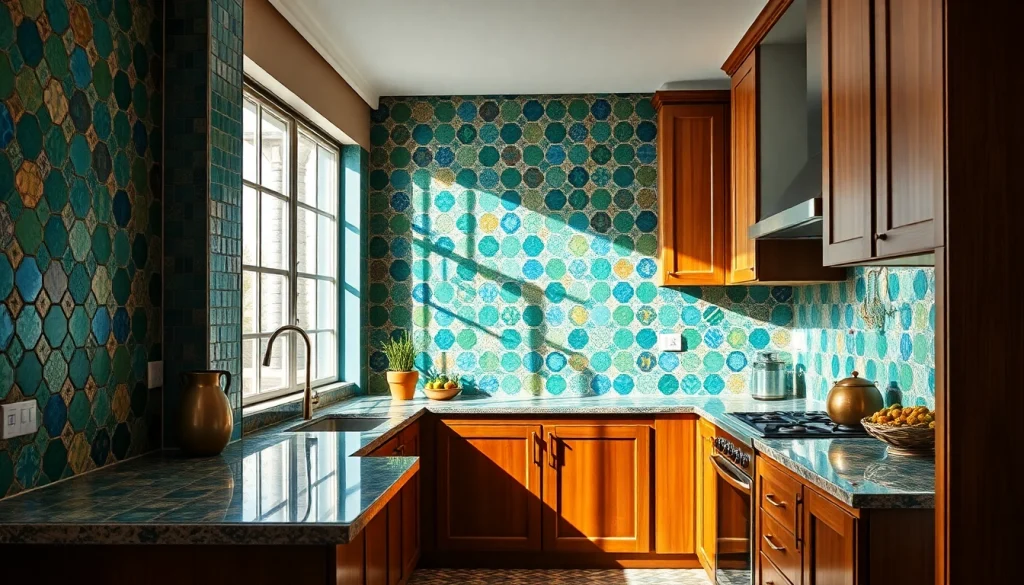Carreaux de Zellige dans une cuisine lumineuse, présentant des motifs complexes et des couleurs riches.