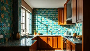 Carreaux de Zellige dans une cuisine lumineuse, présentant des motifs complexes et des couleurs riches.