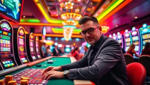 Main scene of slot depo 1000 gaming atmosphere with vibrant colors and excited players.