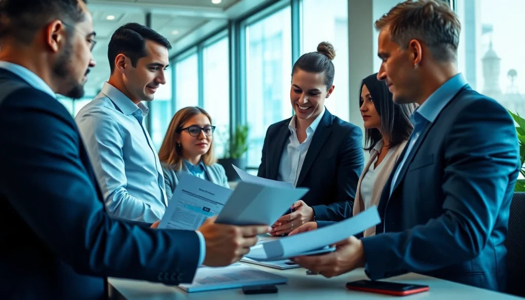 Professional team discussing SMSF set up documents in a modern office.