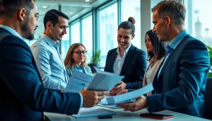Professional team discussing SMSF set up documents in a modern office.