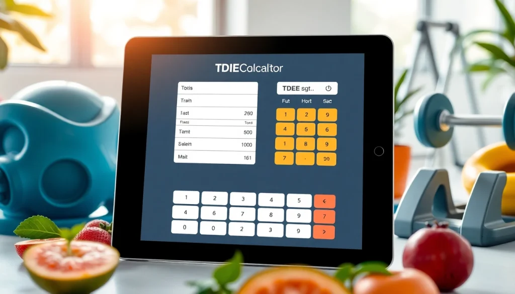 TDEE calculator displayed on a digital device with fresh fruits and fitness gear around it.