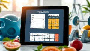 TDEE calculator displayed on a digital device with fresh fruits and fitness gear around it.