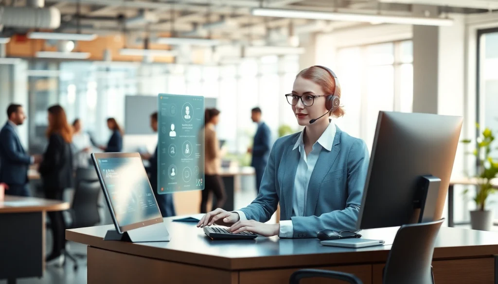 AI Receptionist engaging with clients through technology, offering seamless communication.