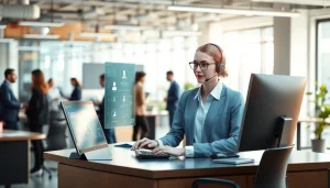 AI Receptionist engaging with clients through technology, offering seamless communication.