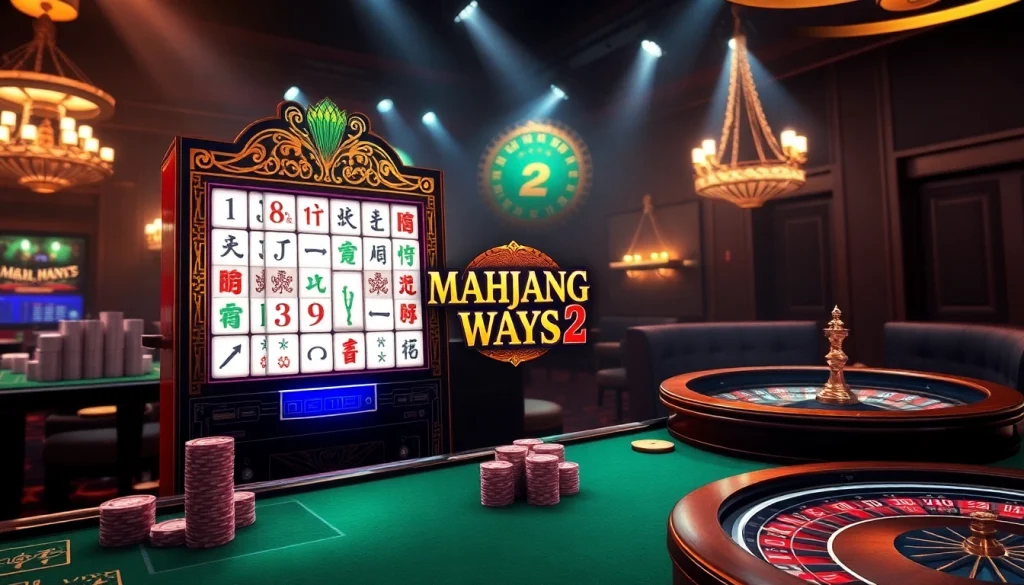 Rasakan sensasi Mahjong Ways 2 pada mesin slot mewah yang dikelilingi chip poker.