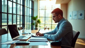 Accountant analyzing financial documents in a bright and professional office atmosphere.