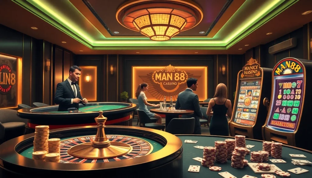Players enjoying a thrilling game at Man88 casino, featuring roulette, slots, and poker action.