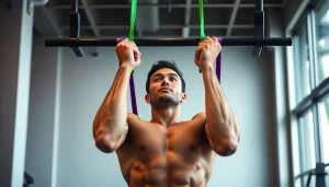 Achieve strength with assisted pull-up bands in a dynamic gym setting.
