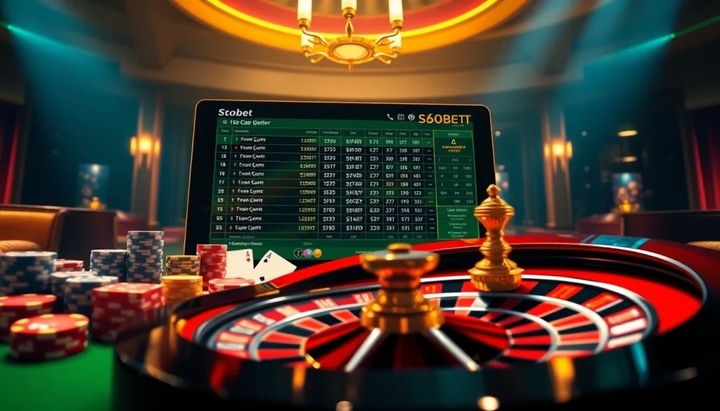 Sbobet online gambling interface surrounded by poker chips and a roulette wheel in an exciting casino setting.