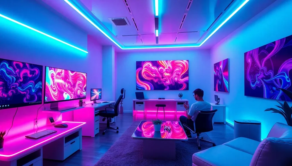 AI NSFW content creation in a vibrant digital art studio, showcasing innovative technology and creativity.