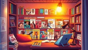 뉴토끼 웹툰 인터페이스와 다양한 장르의 만화책을 감상하는 장면