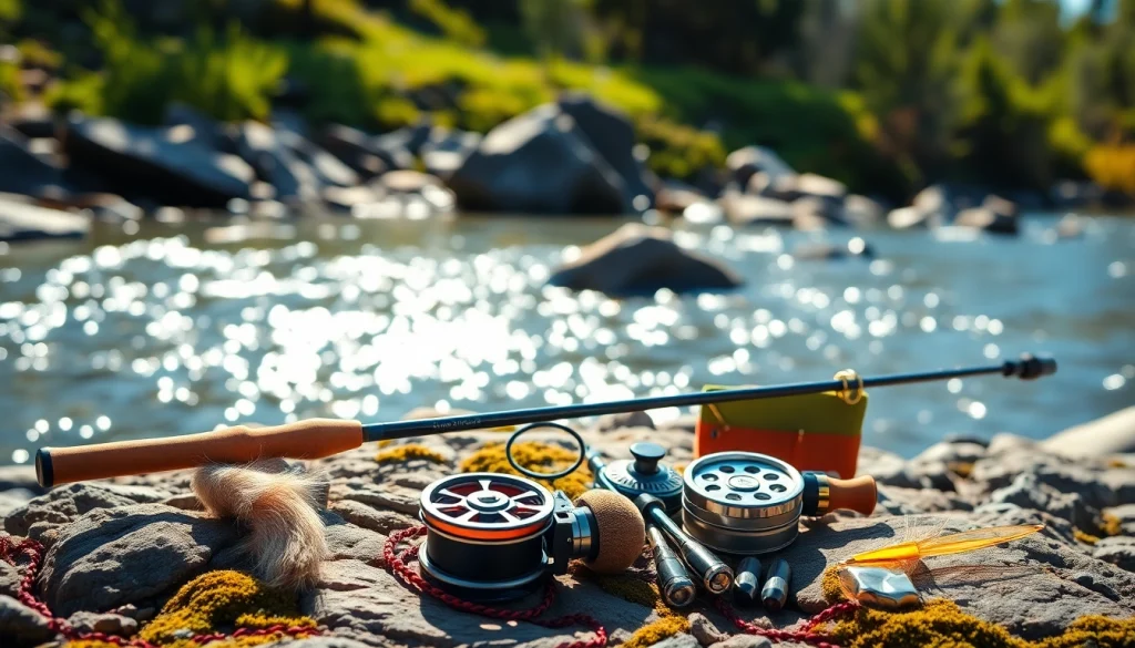 Fly fishing kit displayed on a riverbank, showcasing essential gear for beginners.