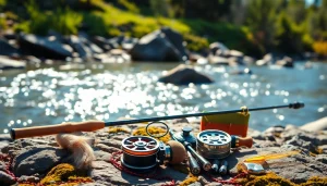 Fly fishing kit displayed on a riverbank, showcasing essential gear for beginners.