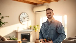 Technician performing heating repair south salem in a cozy living room setting with professional tools.