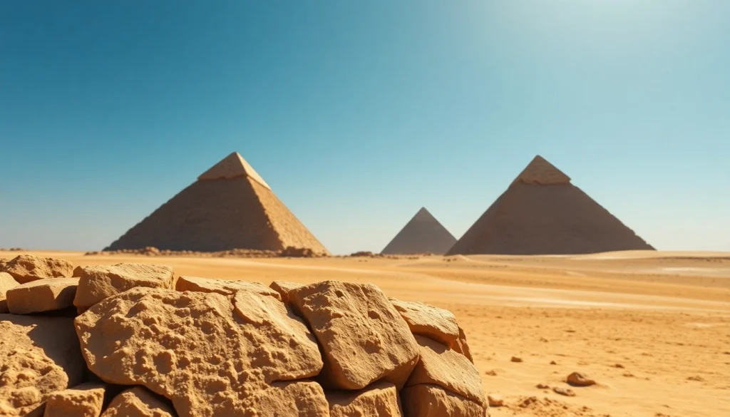 Admire the majestic pyramids of Giza, capturing their ancient grandeur in a stunning landscape.