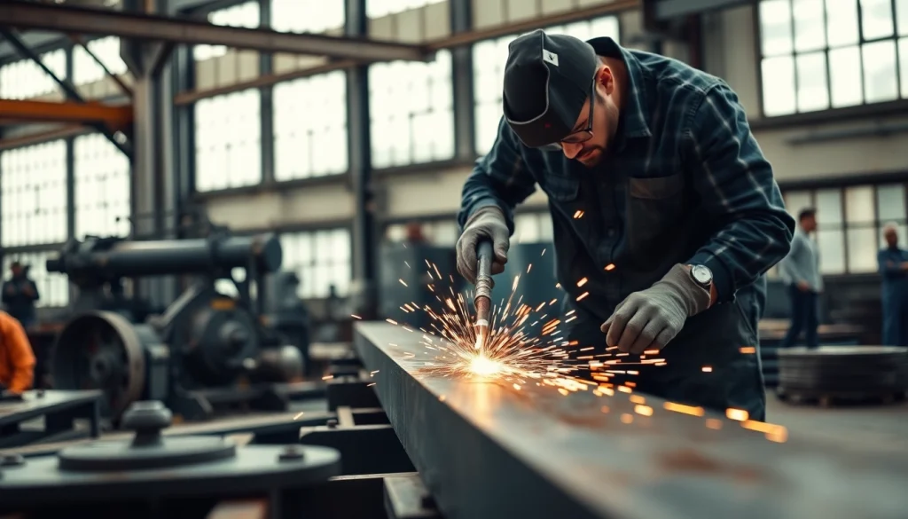 Find steel fabricators near me actively welding metal structures in an industrial workshop.