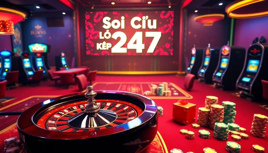 Soi Cầu Lô Kép 247 action in a luxurious casino setting with poker chips and roulette.
